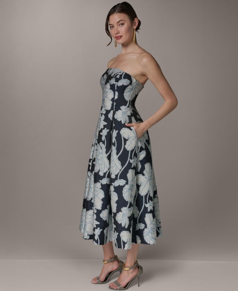 Women's Strapless Jacquard Fit & Flare Floral Midi Dress