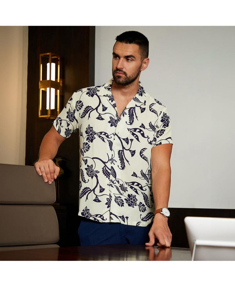 Men's Midnight Black & Ivory White Contrast Flower Shirt