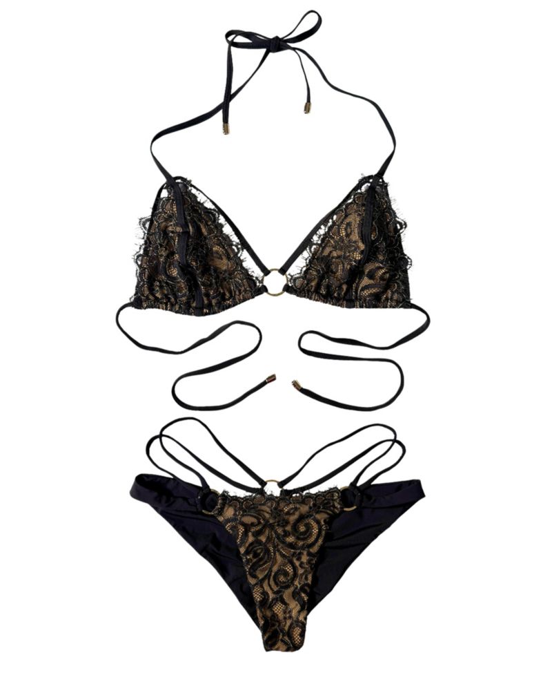 Women's Lace Strappy Gold Ring Bikini Bottom