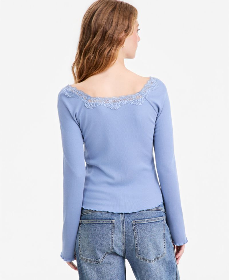 Petite Lace-Trim Scoop-Neck Long-Sleeve Top