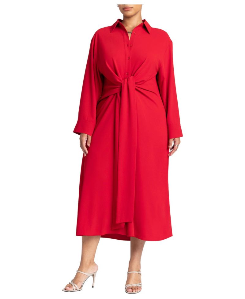Women's Tie-Front Oversized Midi Shirt Dress