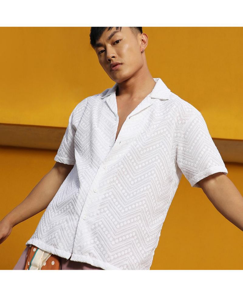 Men's Chalk White Embroidered Zig-Zag Shirt