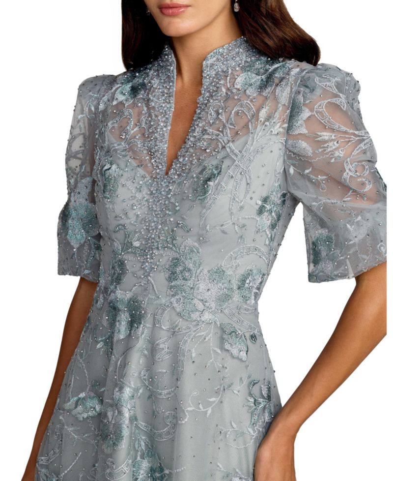 Petite Embroidered Queen Anne Puff Sleeve A Line Gown