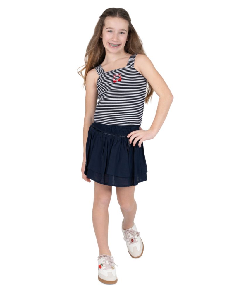 Girls' 7-16 Embroidered Graphic Striped Tank, Woven Skort and Ribbon, 3-Piece Set