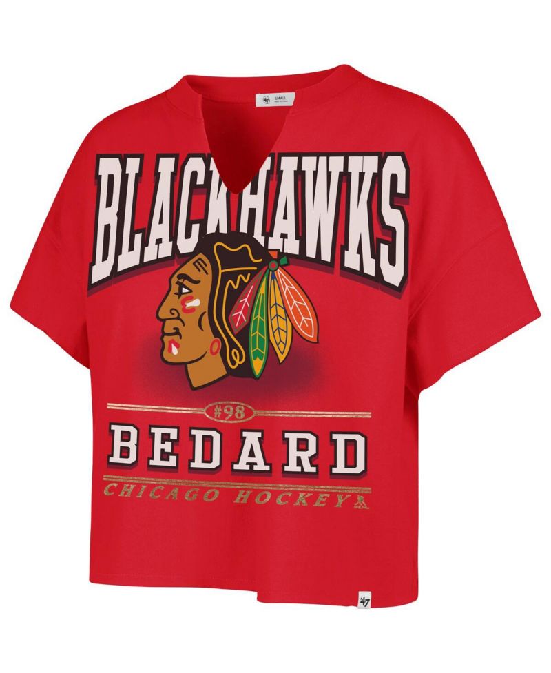 Women's Connor Bedard Red Chicago Blackhawks Elation Name & Number Oversized Notch Neck T-Shirt