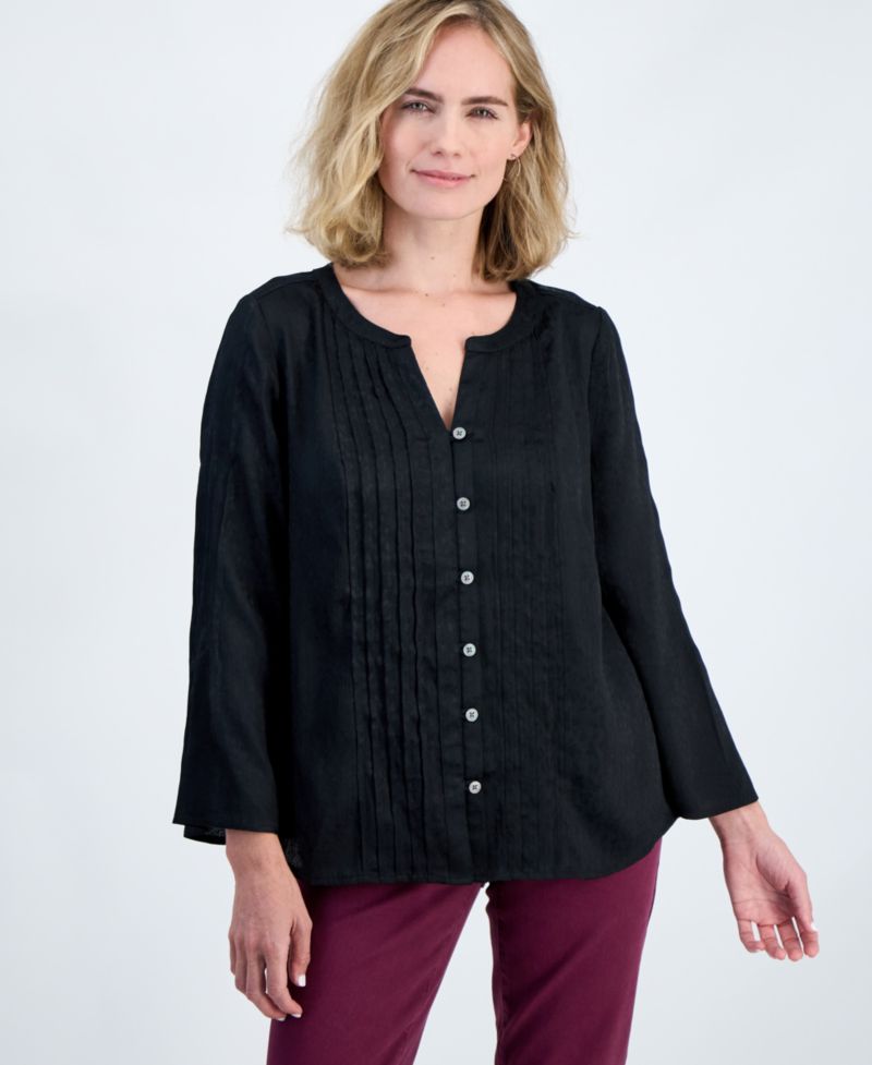 Petite Satin Bell-Sleeve Pintuck Blouse