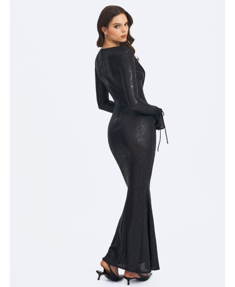 Women's Ilysia Black V-Neck Plunge Snakeskin Mermaid Hem Maxi Dress