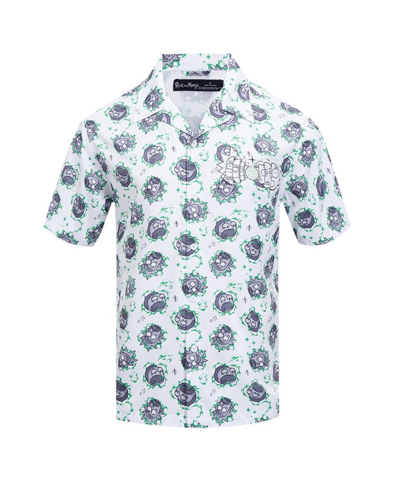 Men's White Rick and Morty 90's Rave Rickvival Showing Brain Button-Up Shirt