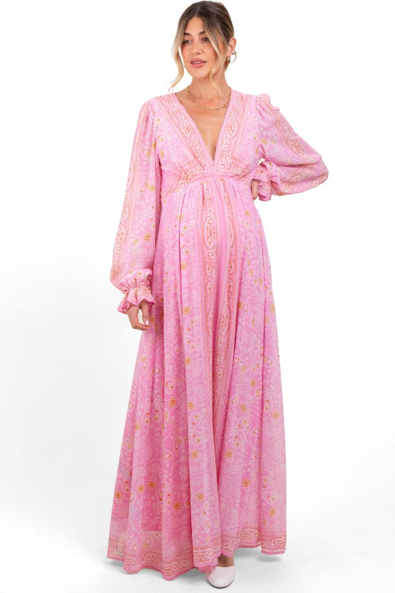 Women's Pink Paisley Deep V-Neck Long Sleeve Maxi Dress