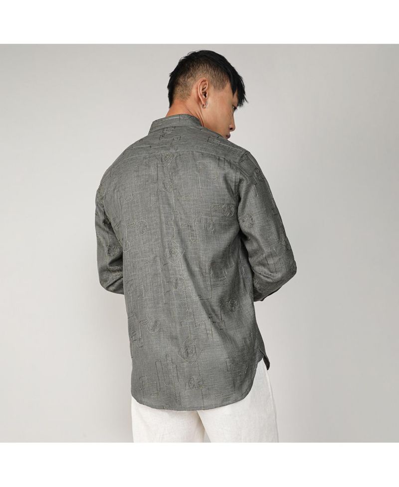 Men's Olive Green Embroidered One-Lined Shirt