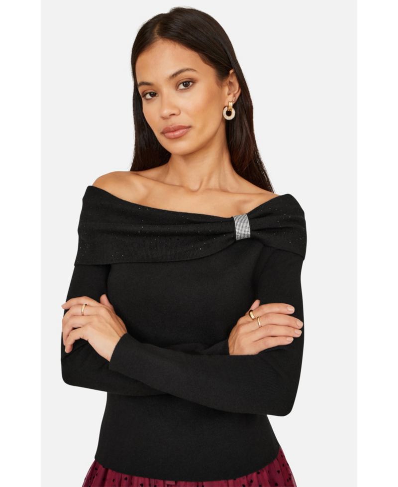 Women's Rhinestone Diamante Bardot Neck Jumper