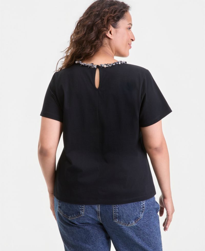 Plus Size Sequin-Neck-Trim T-Shirt