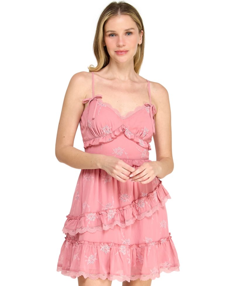 Juniors' Sweetheart Neck Embroidered Short Dress