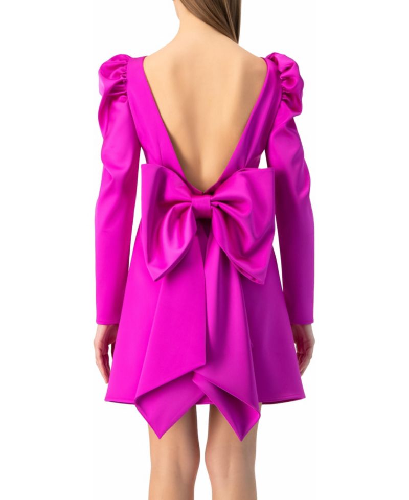 Women's Puff-Sleeve Open-Back Bow Mini Dress in Satin