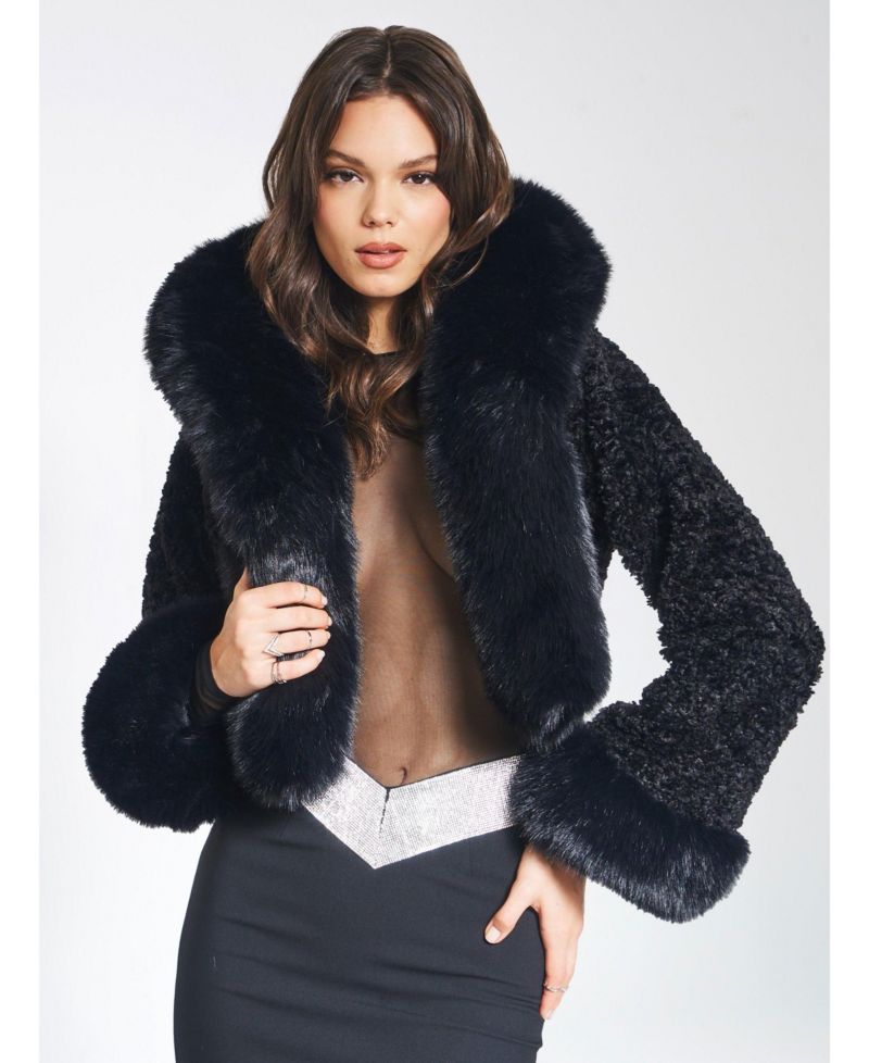 Women's Kali Black Cropped Faux Fur Jacket With Hood