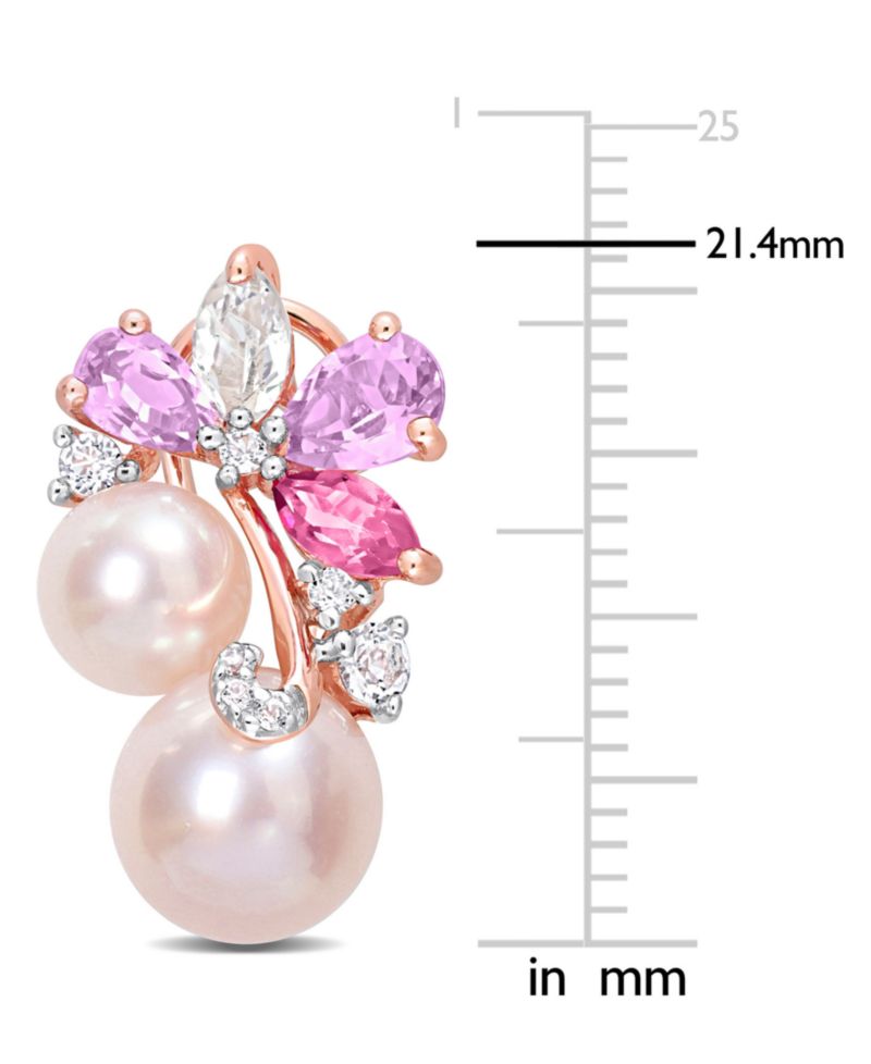 Colored Cultured Freshwater Pearl (6 & 8mm) & Multi-Gemstone (2-5/8 ct. t.w.) Cluster Earrings in 18k Rose Gold Flash-Plated Sterling Silver
