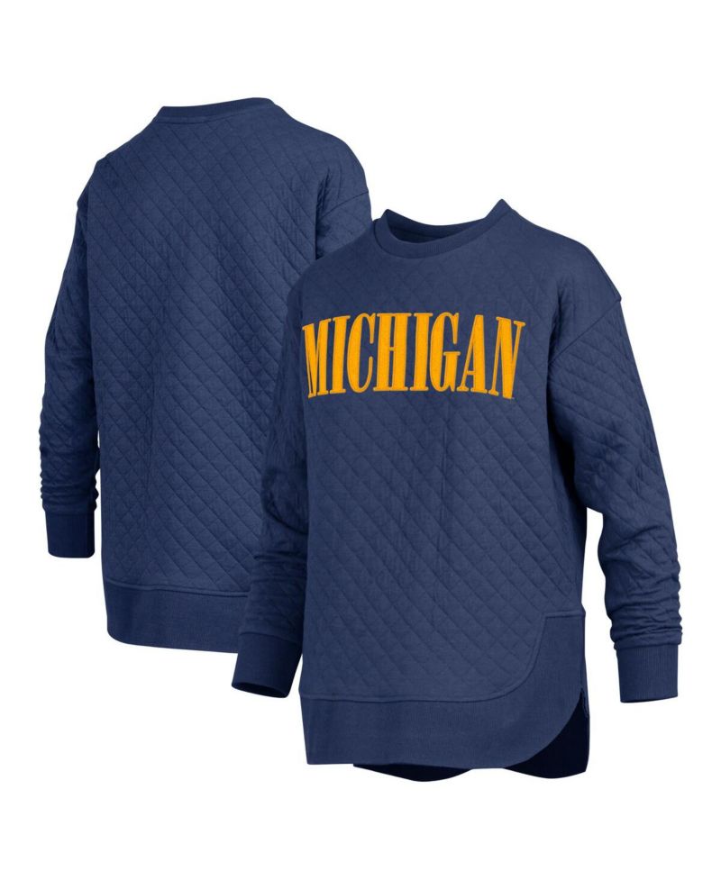Women's Navy Michigan Wolverines Quilted Long Sleeve Pullover Sweatshirt