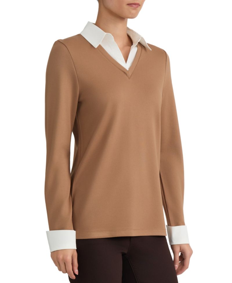 Women's Collared Long-Sleeve Poplin Combo Trim Sweater