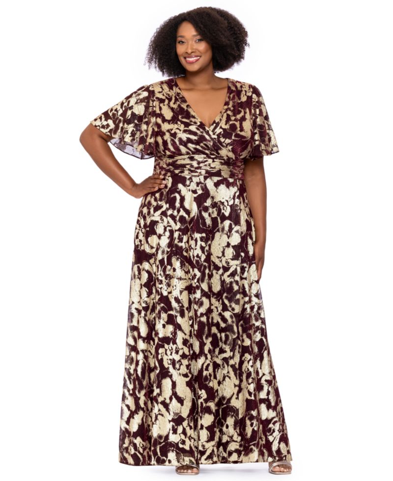 Plus Size Metallic Foil V-Neck Short-Sleeve Gown
