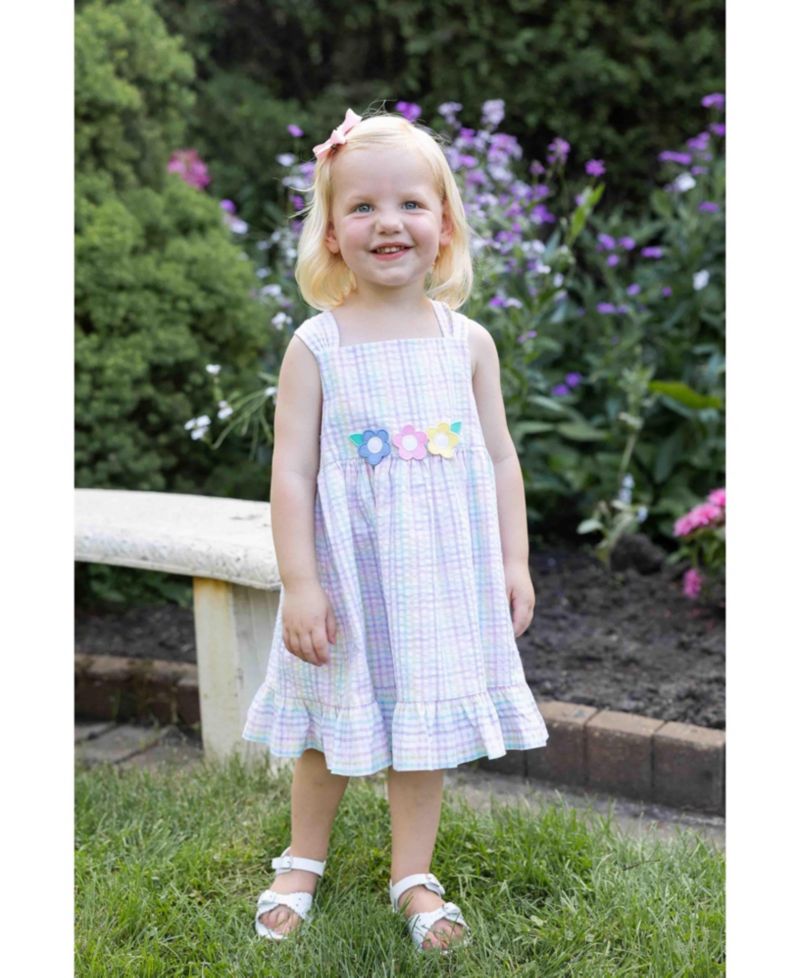 Little Girls Plaid Seersucker Dress With Flowers