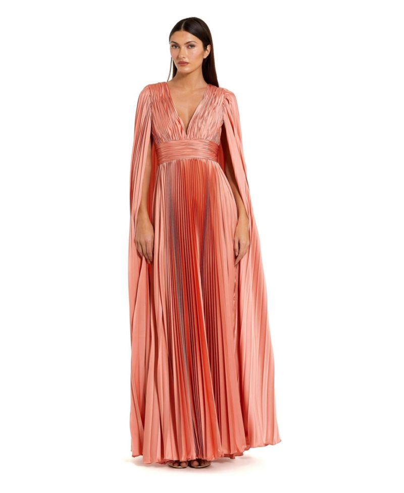 Women's Pleated Charmeuse V-Neck Gown With Cape