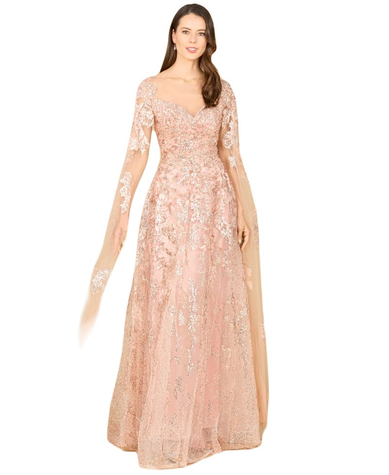 Women's Long Bell Sleeve Boat-Neck Beaded Gown