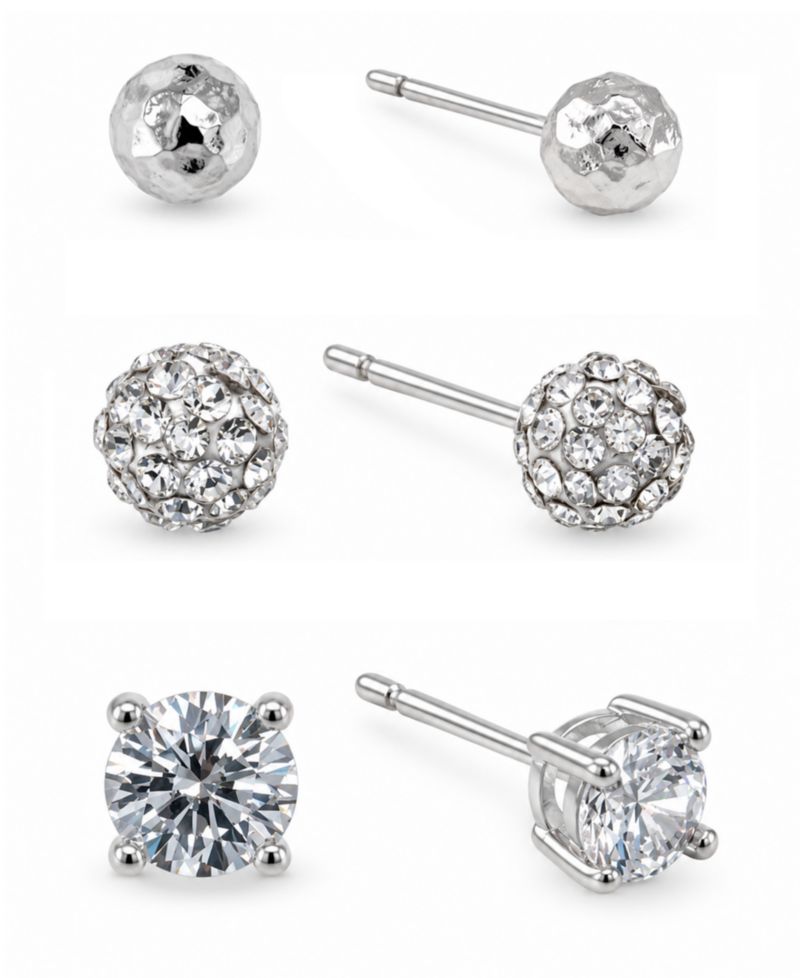 3-Pc. Set Cubic Zirconia, Hammered-Look and Crystal Ball Stud Earrings in Silver-Plate