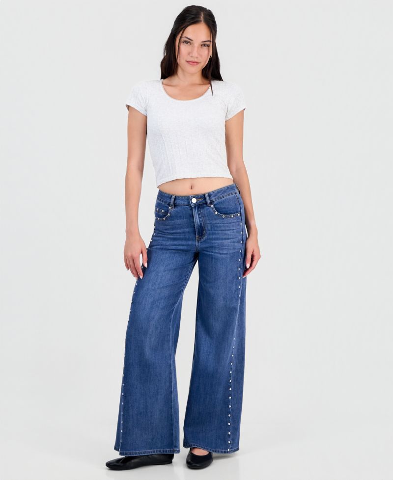Juniors' High-Waisted Wide-Leg Studded Jeans