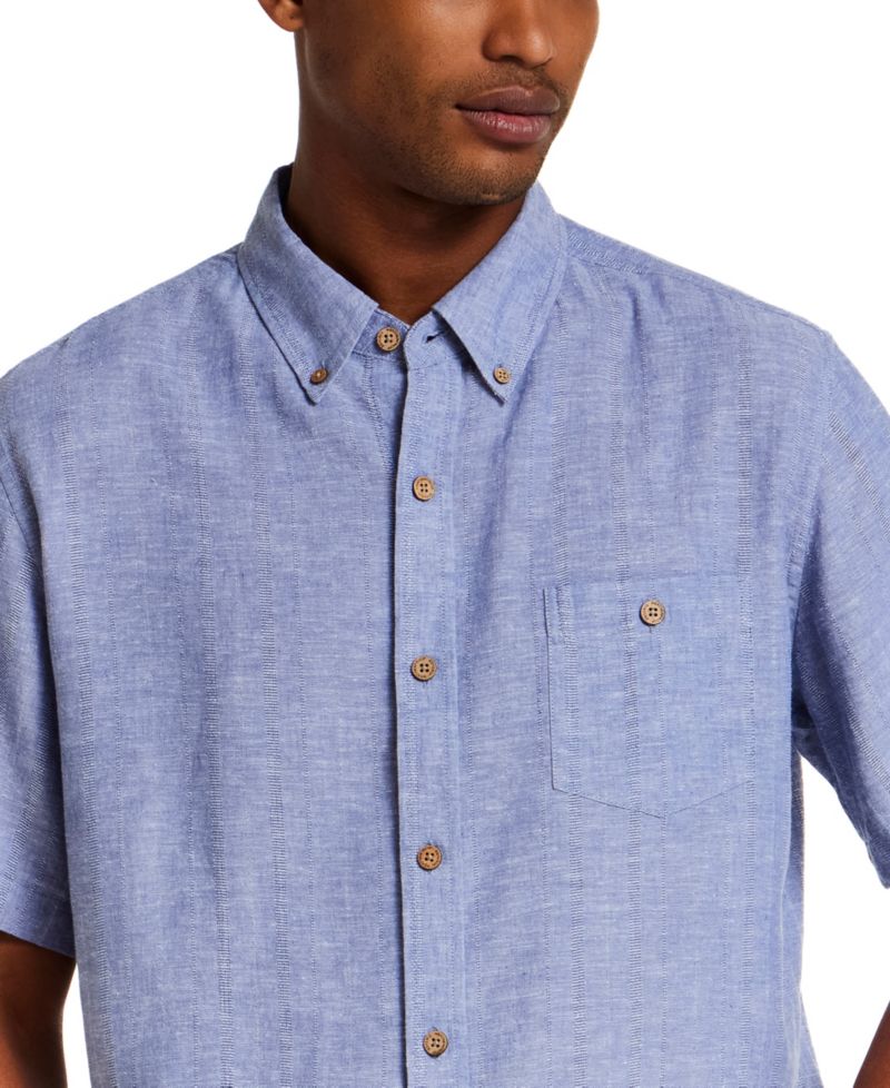Men's Short-Sleeve Button Down Linen Cotton Vertical Dobby Striped Shirt