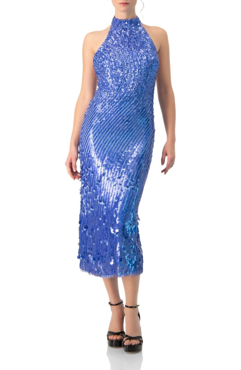 Women's Halter Paillette Sequin Midi Dress With Open-Back