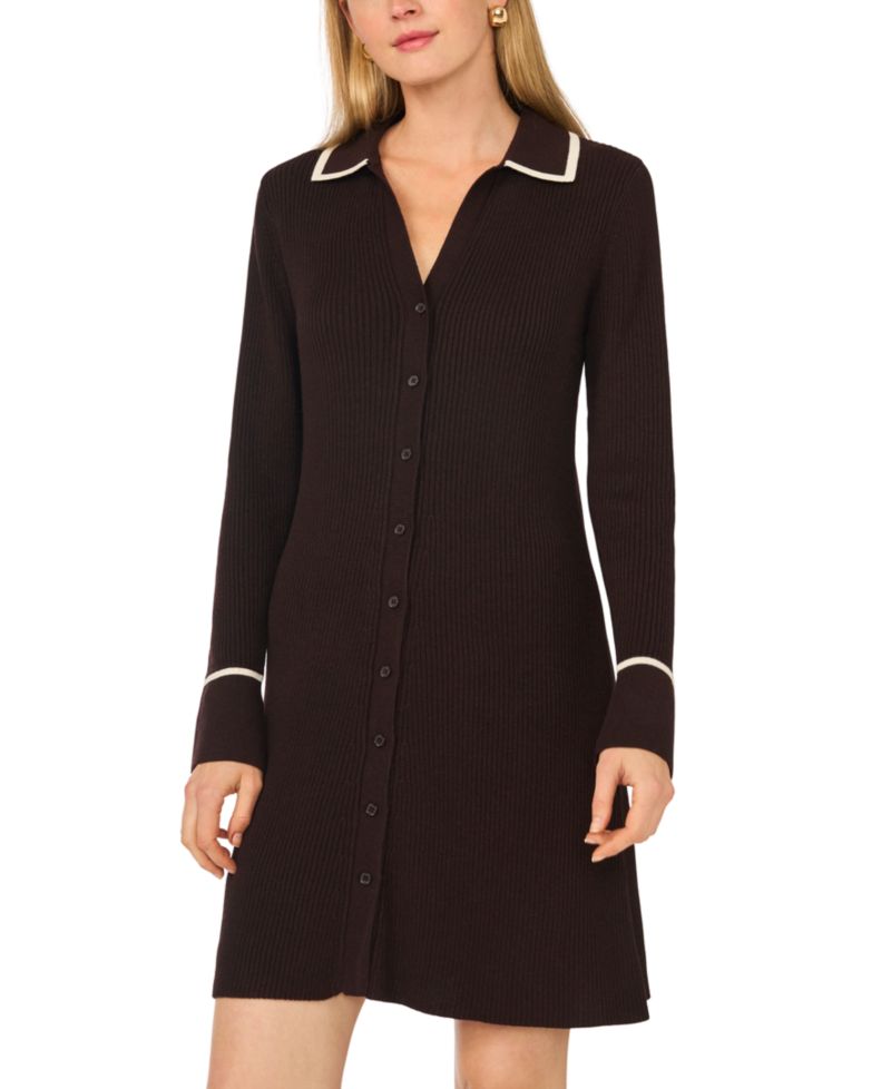 Women's Long-Sleeve Button-Front Fit-and-Flare Sweater Dress