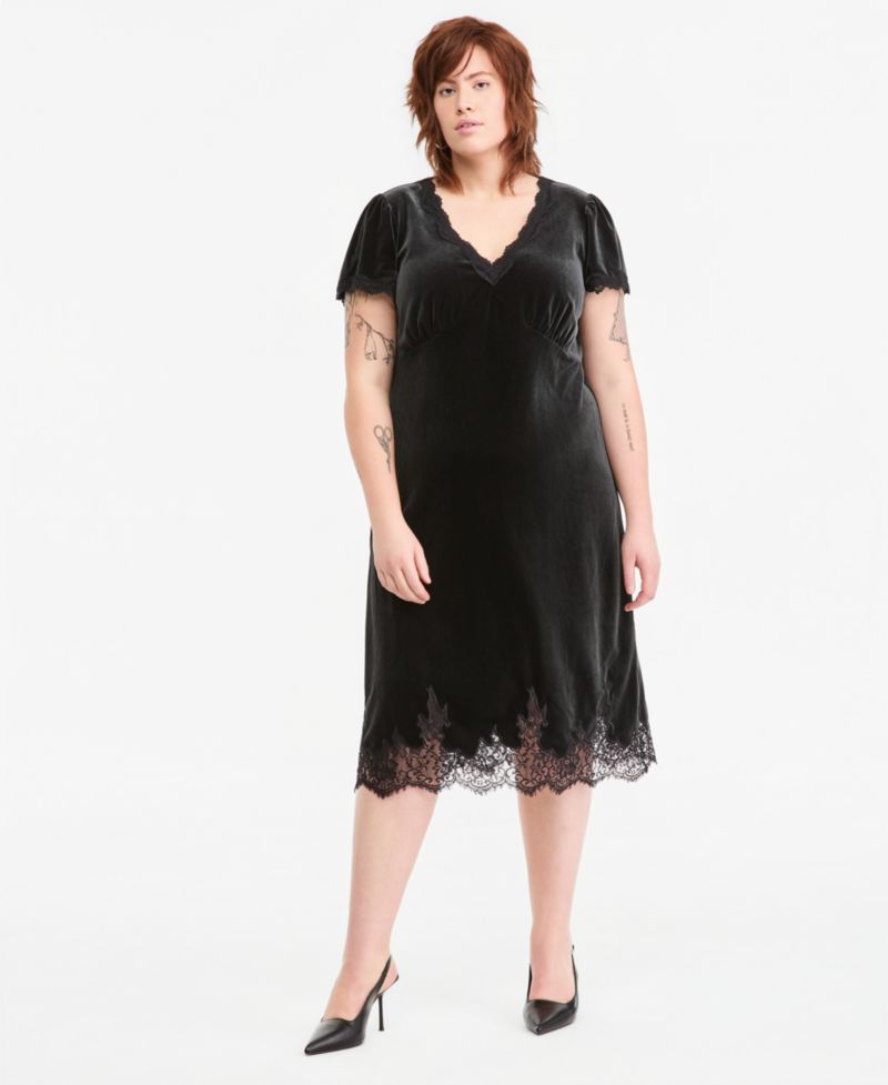 Plus Size V-Neck Short-Sleeve Lace-Trim Midi Slip Dress