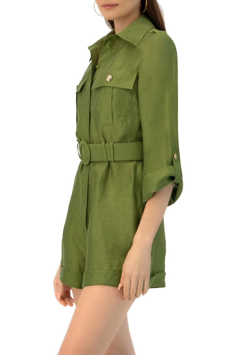 Women's Belted Linen Romper with Cargo Patch Pockets