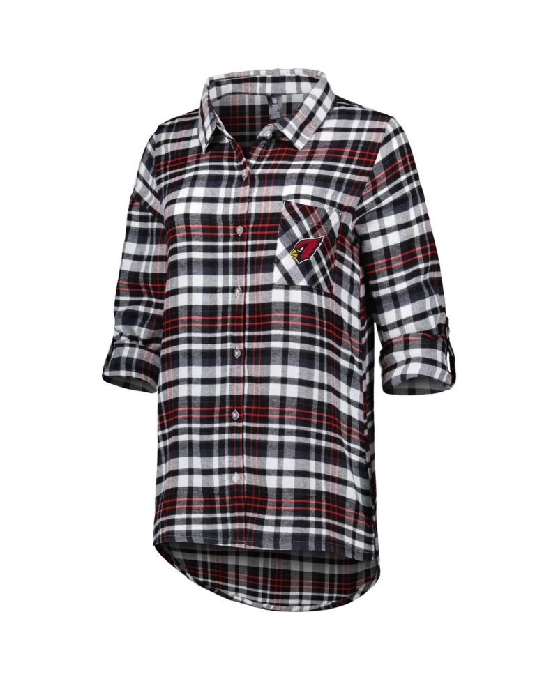 Women's Black/Cardinal Arizona Cardinals Mainstay Plaid Full-Button Long Sleeve Nightshirt