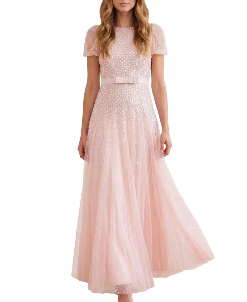 Women's Sequin Cascade Bow Short-Sleeve Gown