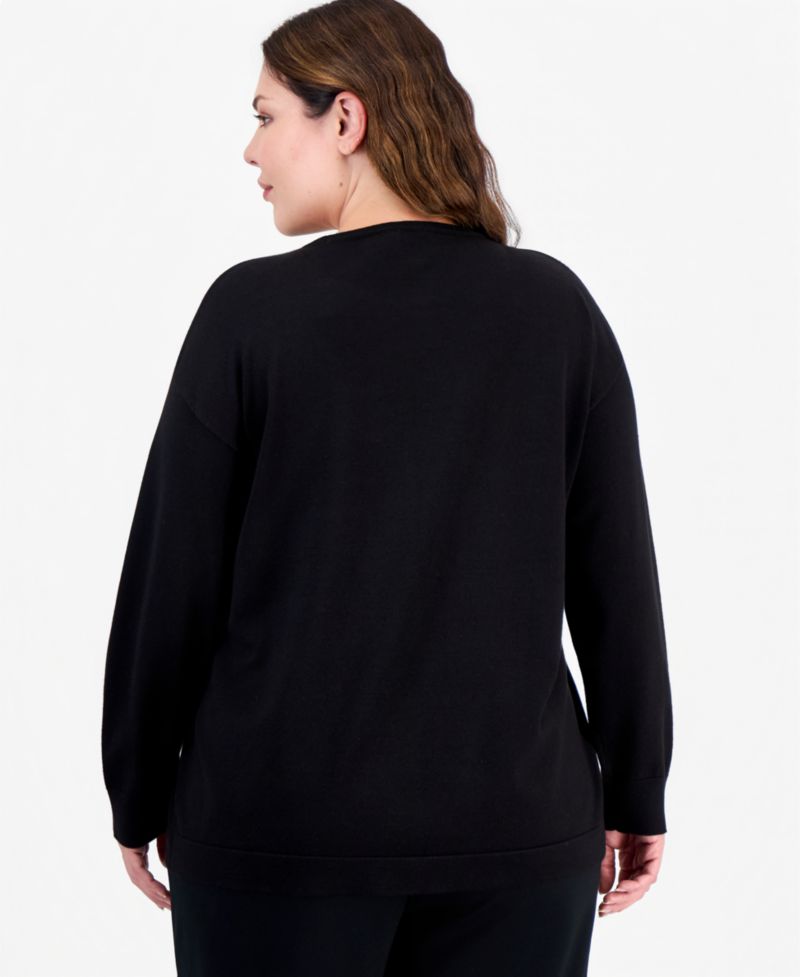 Plus Size Long-Sleeve Boat Neck Embellished Sweater