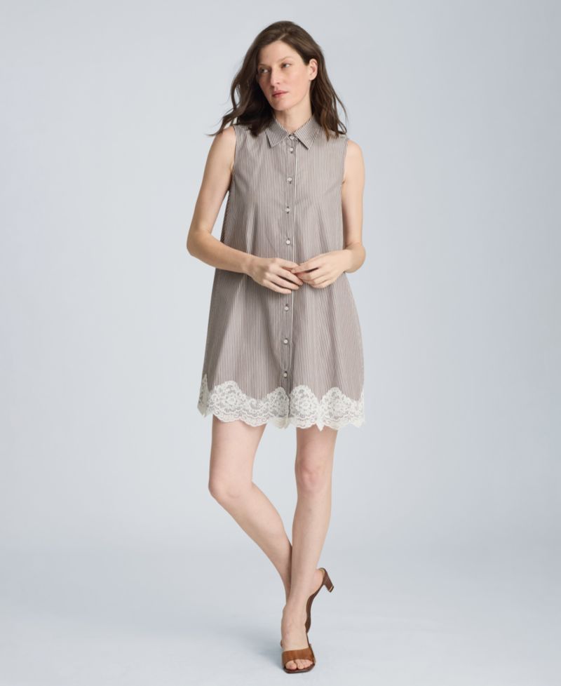 Women's Striped Collared Neck Swing Shirt Dress with Lace Trim