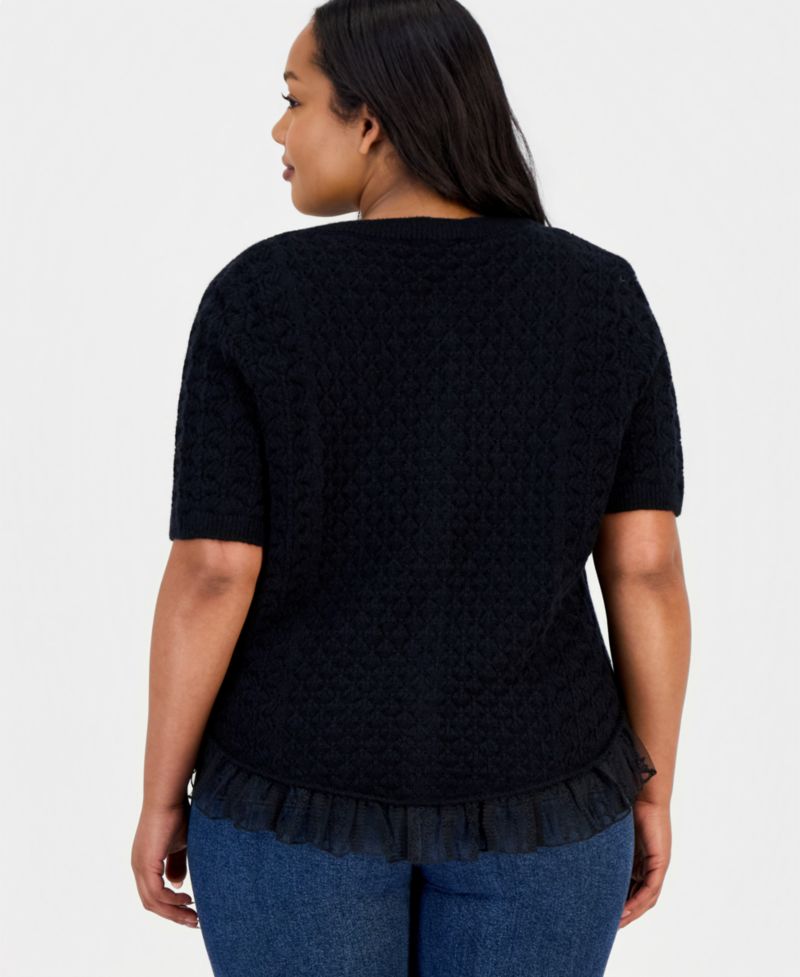 Petite Pointelle Lace-Hem Short-Sleeve Cardigan