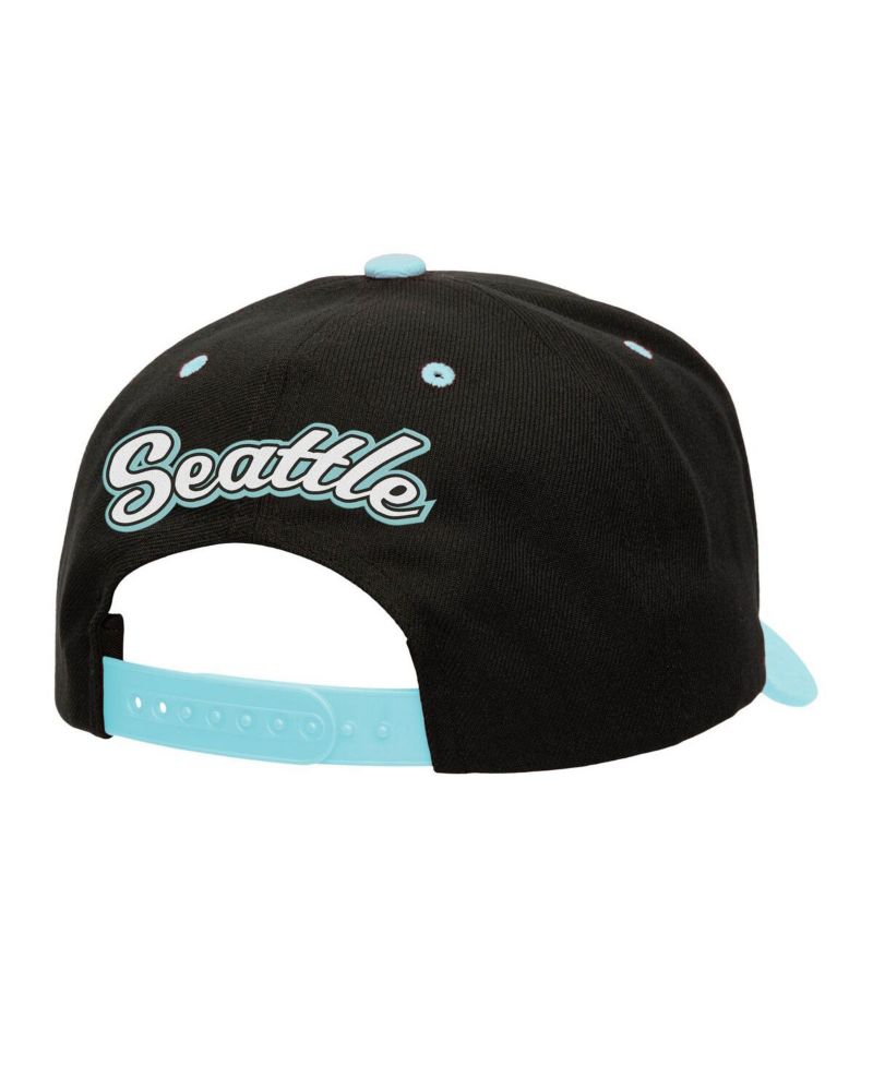 Mitchell Ness Men's Black/Light Blue Seattle Kraken Backside Script Two-Tone Pro Crown Adjustable Hat