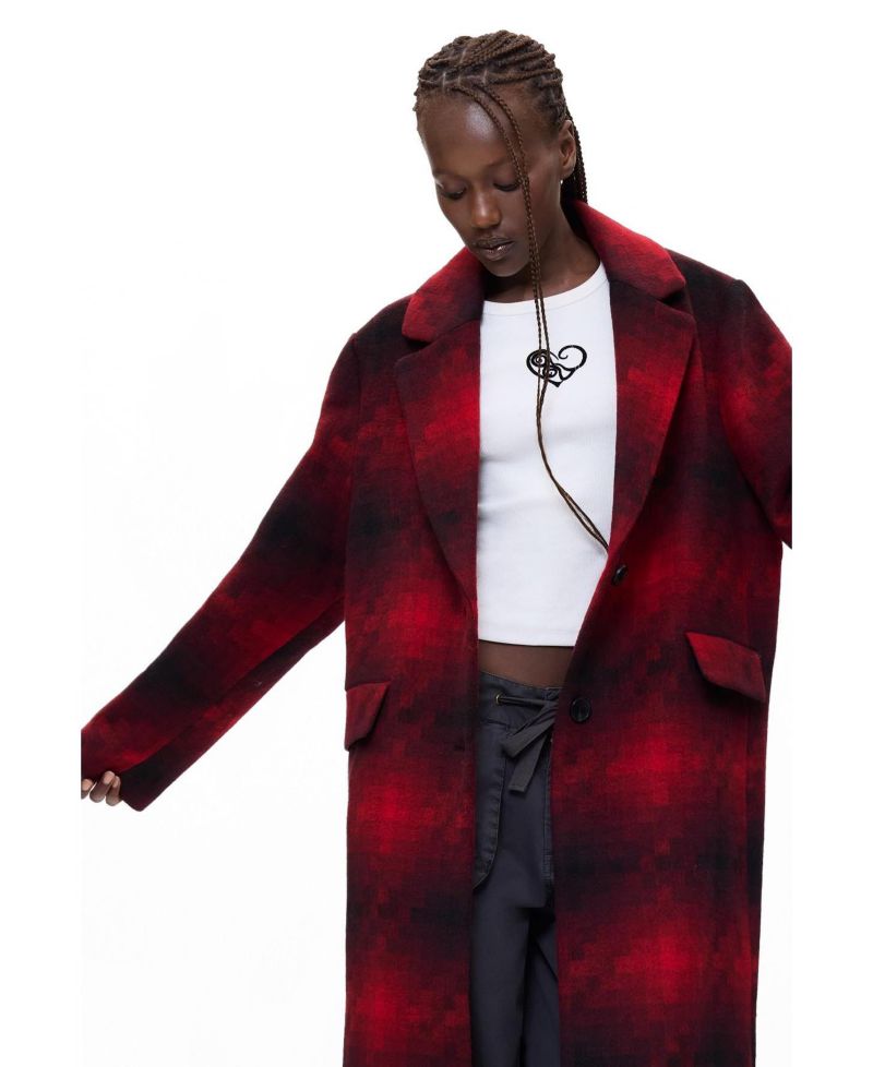 Women's Long Checked Coat with wool