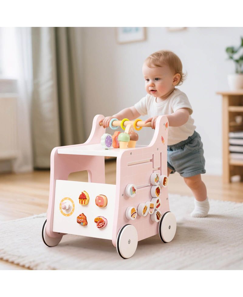 Wooden Baby Walker Ice Cream Cart Toy with Sweet Accessories & Smooth Wheels