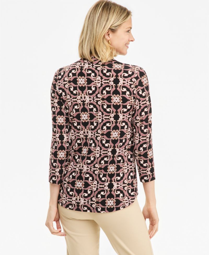 Plus Size Printed 3/4 Sleeve V-Neck Knit Top