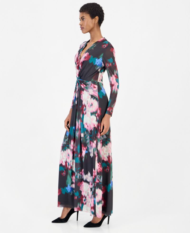 Plus Twist Front Maxi Floral Long-Sleeve A-Line Dress