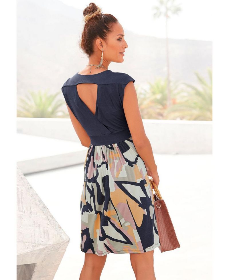Women's Viscose Printed Look Wrap V-Neck Everyday Essential Short Dress