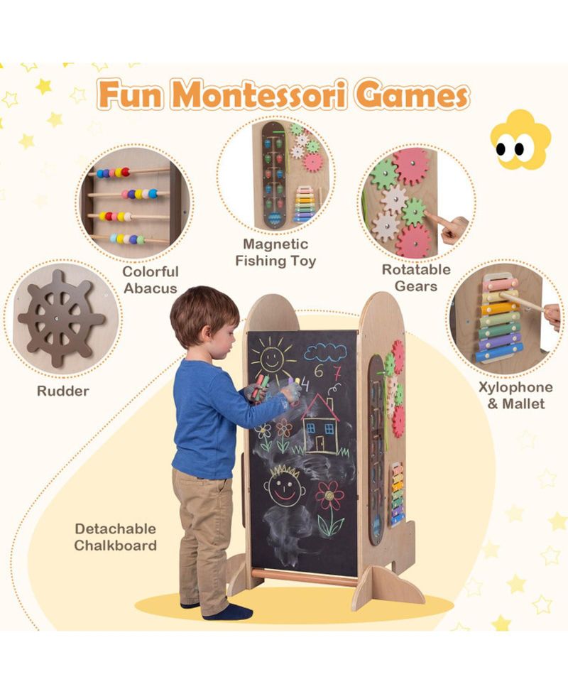 Kids 4-in-1 Adjustable Standing Tower with Chalkboard Slide and Montessori Games