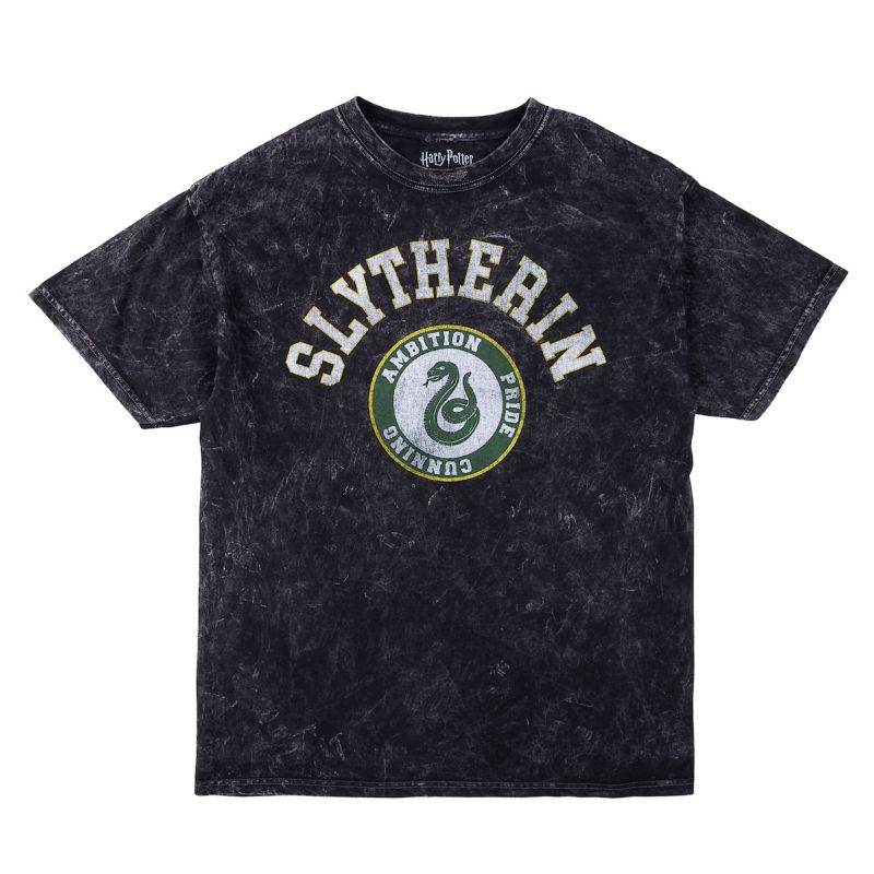 Men's Slytherin Varsity Black Vintage Mineral Wash Crew Neck Short Sleeve T-shirt-XXL