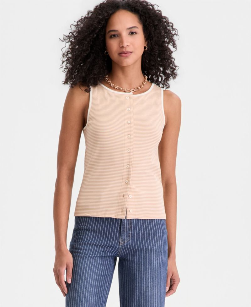 Women's Thin Stripe Rib Button-Up Tank Top