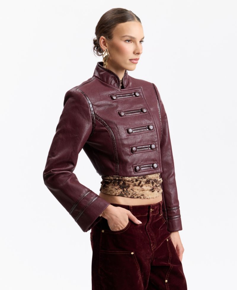 Women's Double-Breasted Military-Style Cropped Faux Leather Jacket