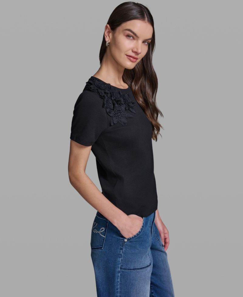 Women's Floral Applique Short-Sleeve Rib Knit Top