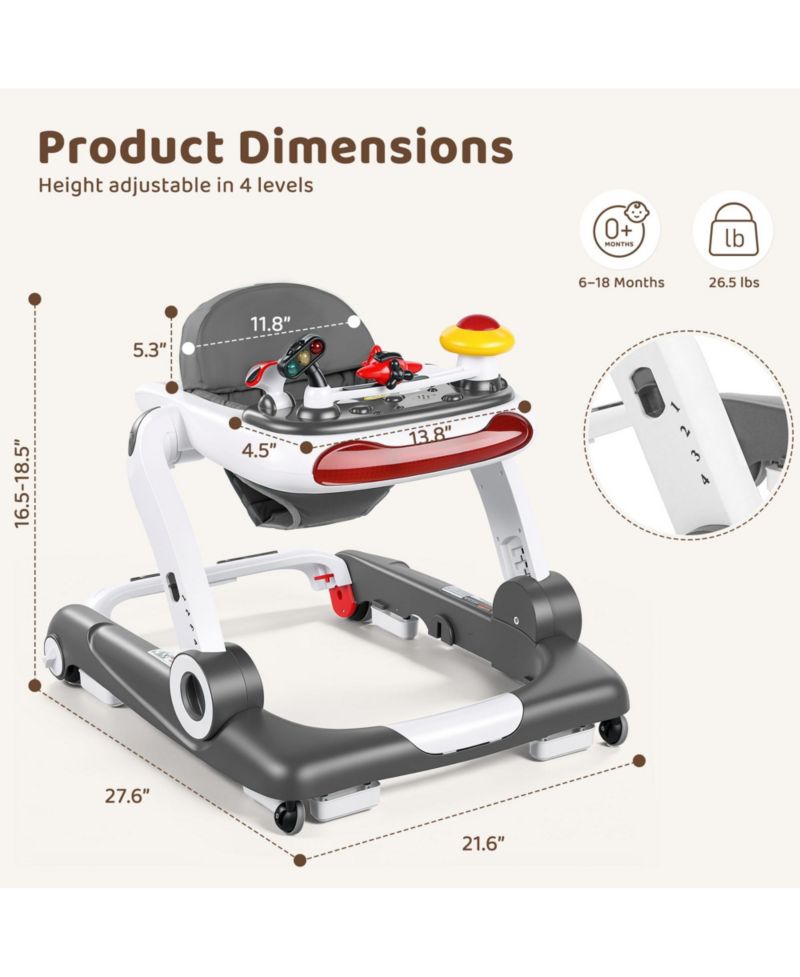 5-in-1 Baby Activity Walker with Music and Lights, Adjustable Height and Safety Bumper